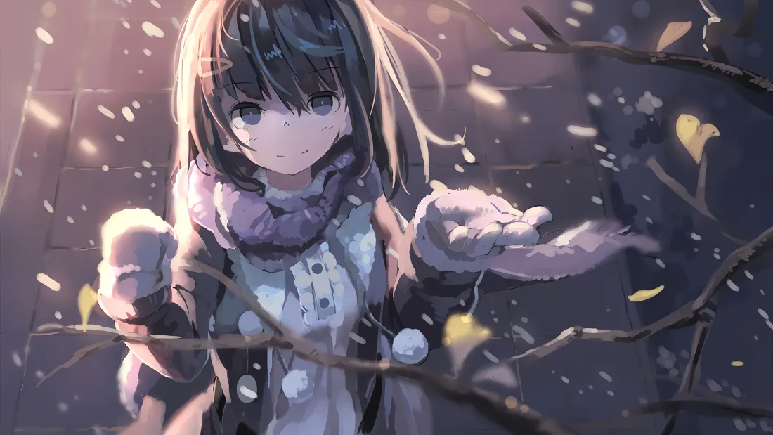3k二次元少女壁纸｜冬季雪景背景图片 - 落叶飘雪「哲风壁纸」