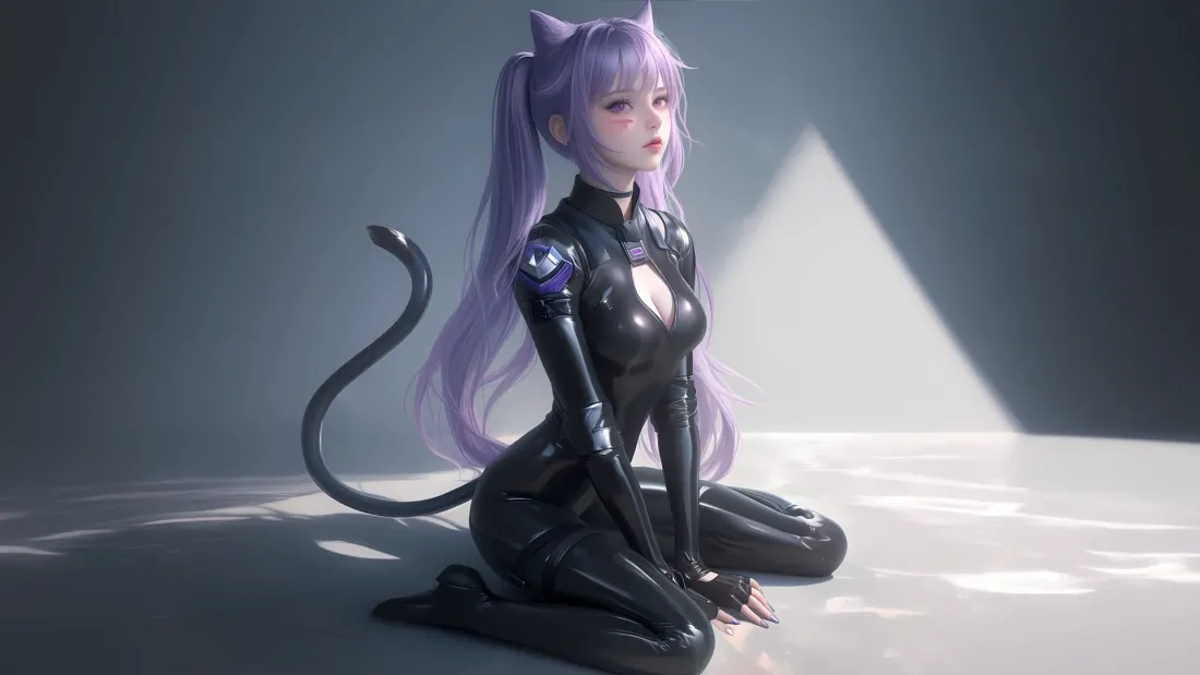 2k赛博猫女壁纸｜暗黑皮衣紫发角色背景图片 - 酷炫「哲风壁纸」