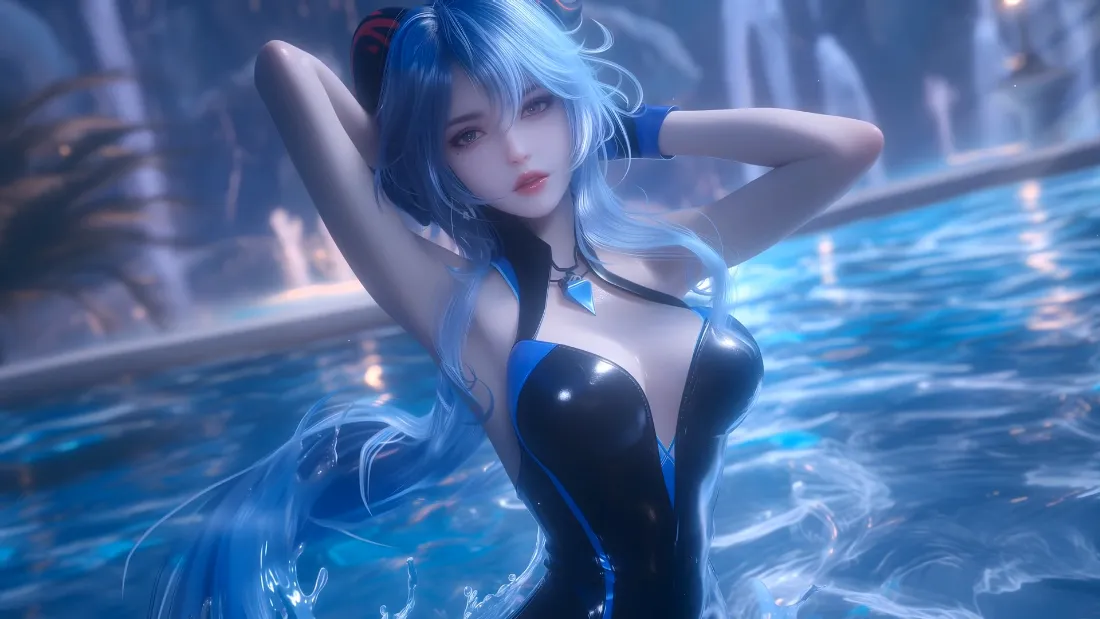 2k(蓝发少女｜泳池背景图片 - 清凉场景)「哲风壁纸」