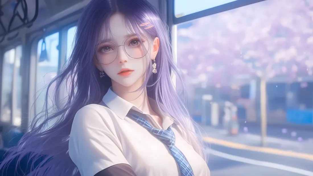 2k紫发少女壁纸｜公车背景图片 - 动漫「哲风壁纸」