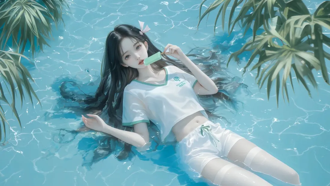 2k清凉泳池壁纸｜夏日美女背景图片 - 水中倩影「哲风壁纸」
