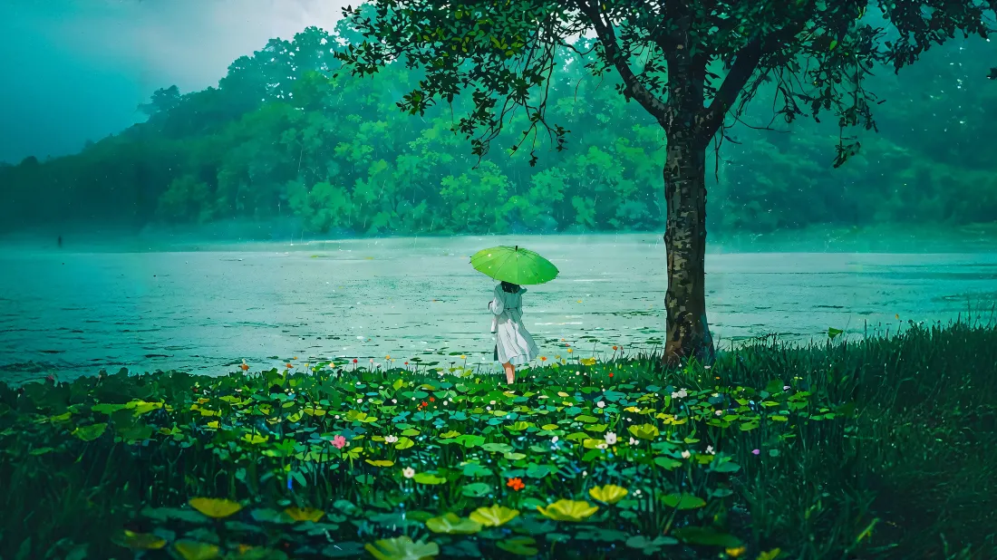 3k绿伞湖畔壁纸｜雨天背景图片 - 撑伞少女「哲风壁纸」