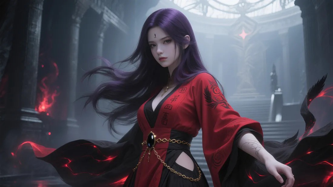 4k紫发魔女壁纸｜神秘古堡背景图片 - 红袍剪影「哲风壁纸」
