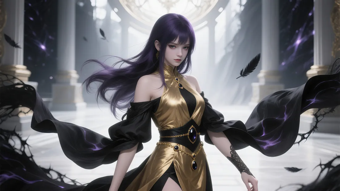 4k紫发少女壁纸｜金色战衣背景图片 - 梦幻殿堂「哲风壁纸」