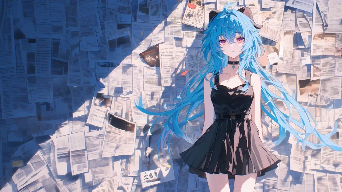 4k蓝发少女壁纸｜纸片废墟背景图片 - 动漫角色「哲风壁纸」