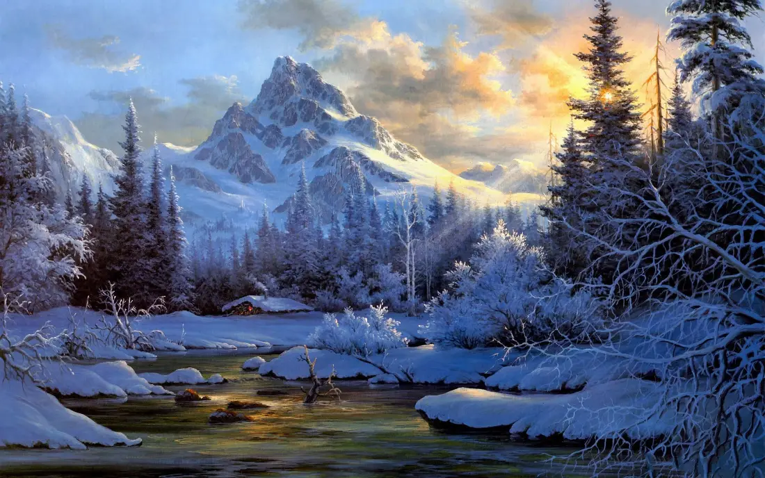 2k雪山森林壁纸｜冬日溪流背景图片 - 艺术风景「哲风壁纸」