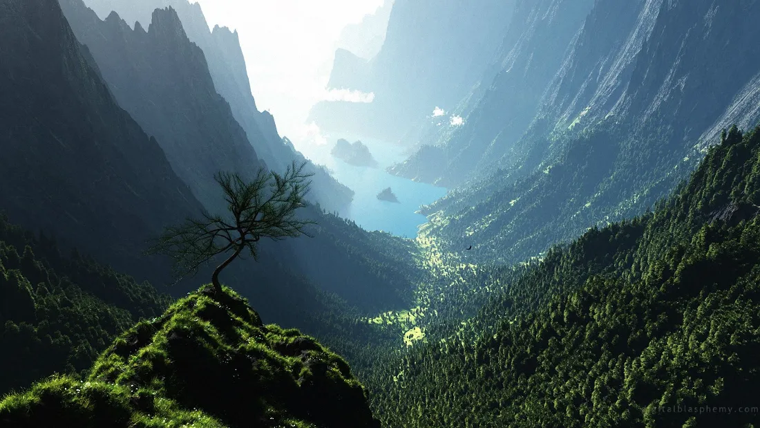 2k山脉森林壁纸｜自然风景背景图片 - 阳光峡谷「哲风壁纸」