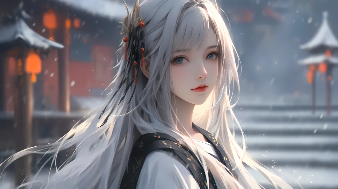 6kAI女神壁纸｜横屏回眸背景图片 - 古风雪景「哲风壁纸」