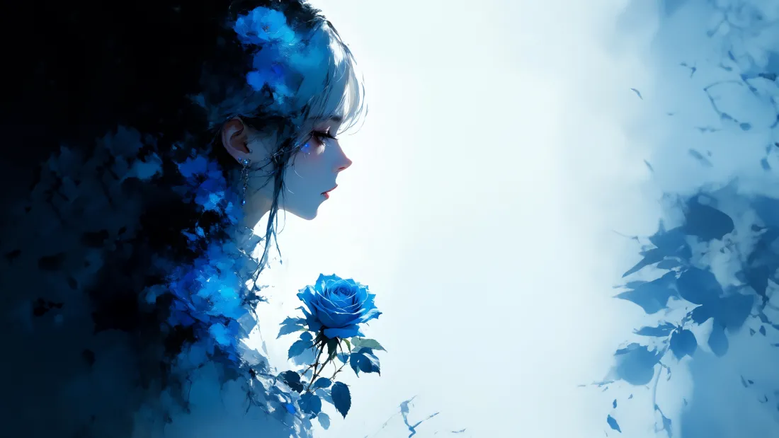 4k(余白壁纸｜蓝色妖姬背景图片 - 梦幻侧脸)「哲风壁纸」
