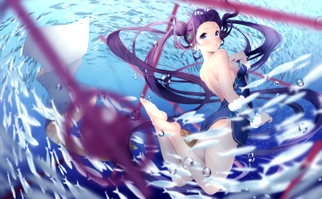 4k紫发少女壁纸｜水波纹背景图片 - 二次元「哲风壁纸」
