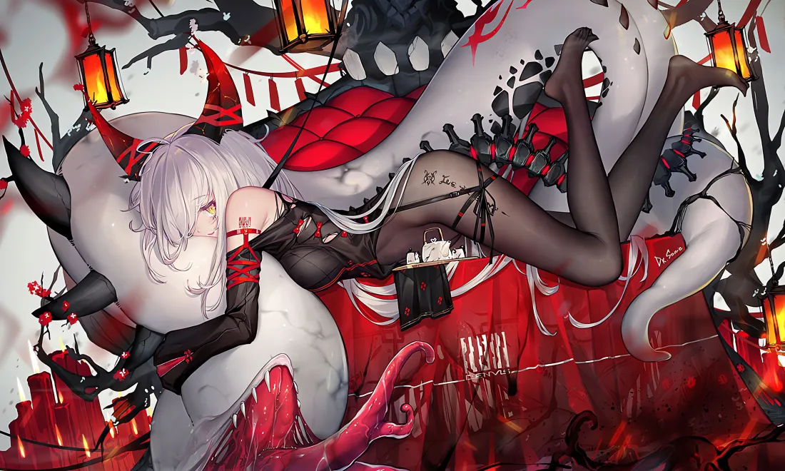 4k狐神少女壁纸｜红月灯笼背景图片 - 暗黑二次元「哲风壁纸」