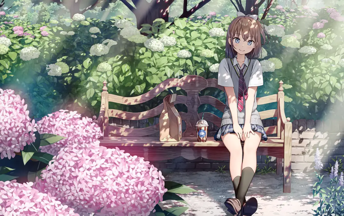 4k绣球花少女壁纸｜长椅花园背景图片 - 二次元「哲风壁纸」