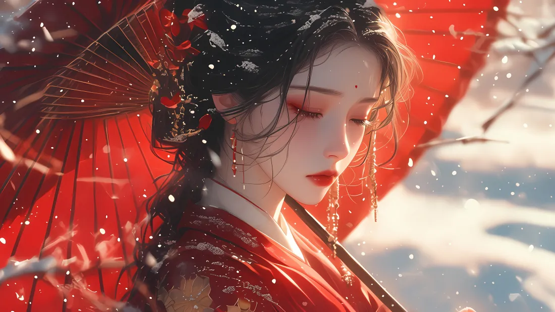 4k国风美女壁纸｜雪景背景图片 - 油纸伞红衣「哲风壁纸」