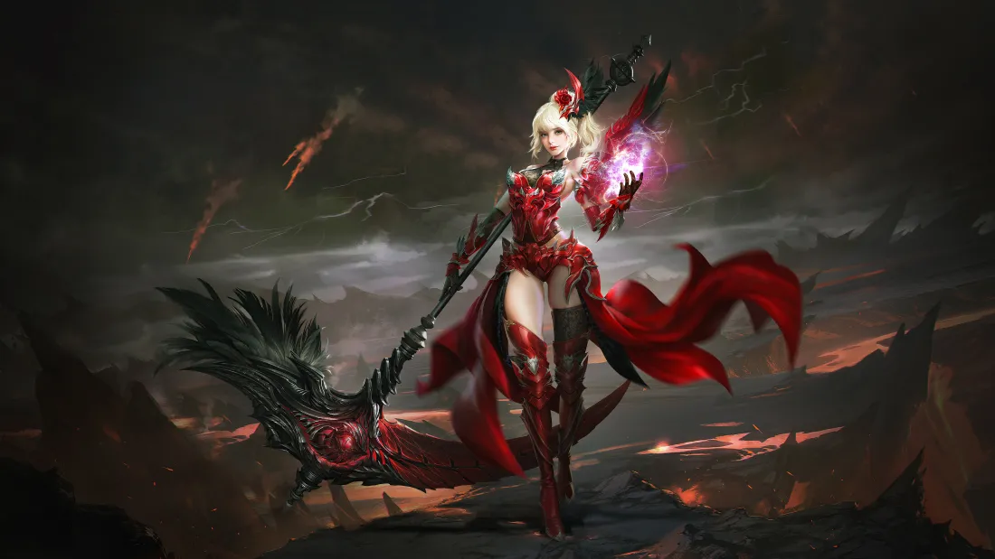4k红衣女战士壁纸｜魔幻战场背景图片 - 游戏美女「哲风壁纸」