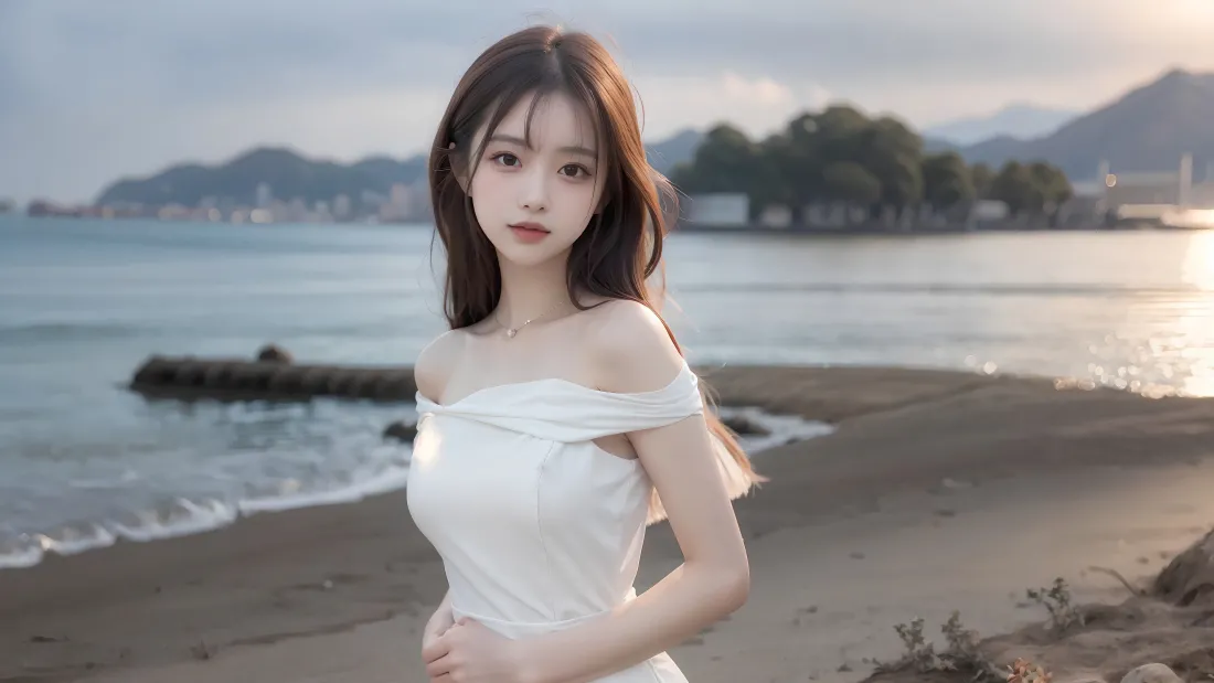 4k湖边美女壁纸｜暮色沙滩背景图片 - 白衣少女「哲风壁纸」