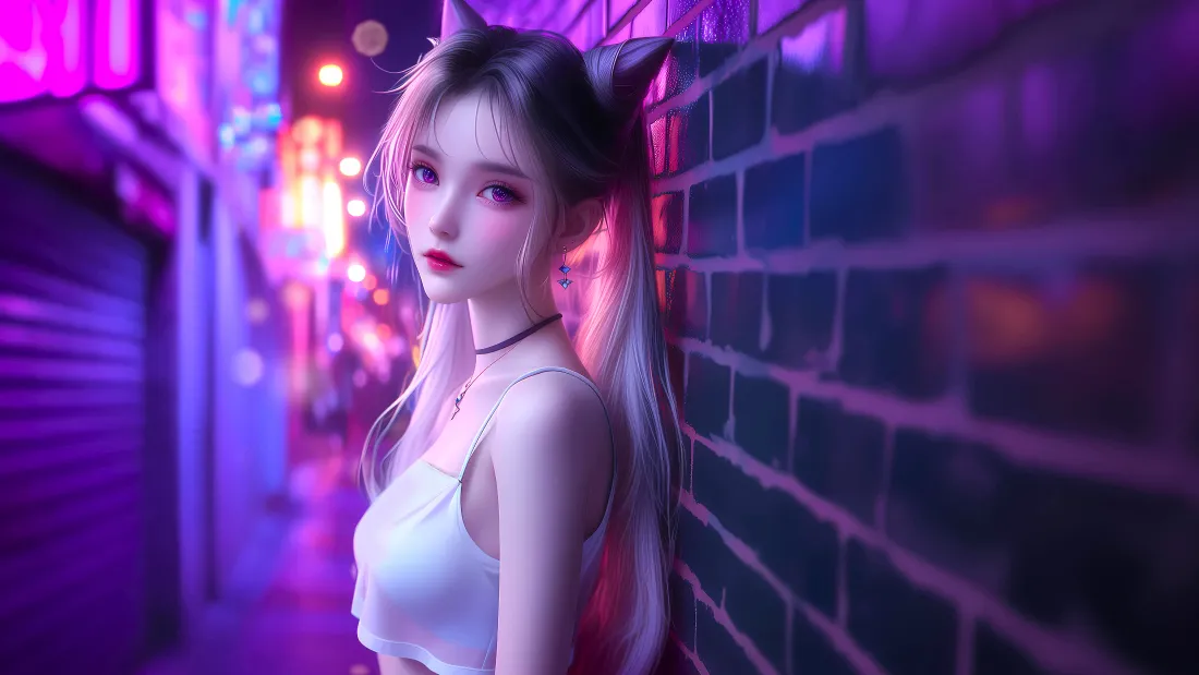 4k双马尾美女｜霓虹小巷背景图片 - 潮流风「哲风壁纸」