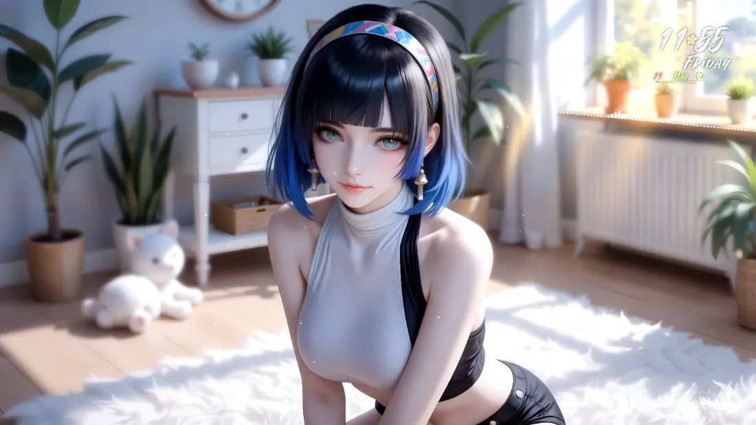 2k(蓝发短发美女｜室内家居背景图片 - 萌宠白猫)「哲风壁纸」