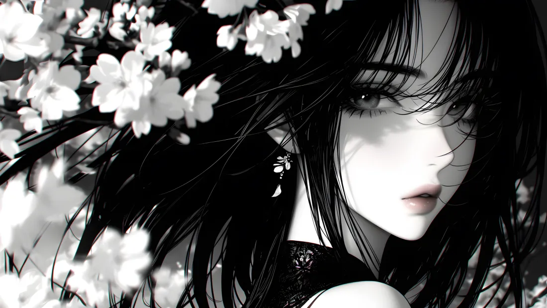 4k水墨国风美女壁纸｜黑白花卉背景图片 - 插画「哲风壁纸」