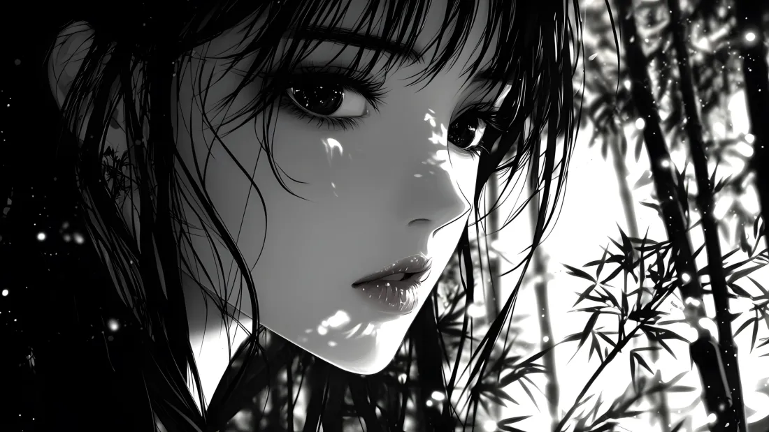 4k水墨国风壁纸｜竹林美女背景图片 - 黑白插画「哲风壁纸」