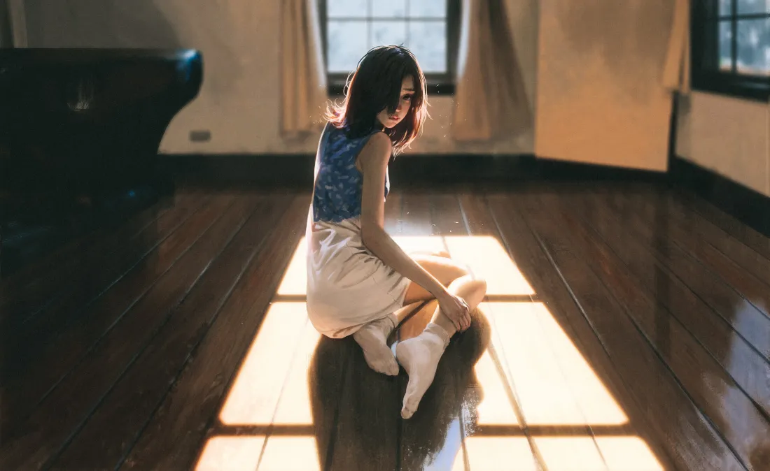 2k少女窗前光影壁纸｜温馨场景图片 - 逆光坐姿「哲风壁纸」
