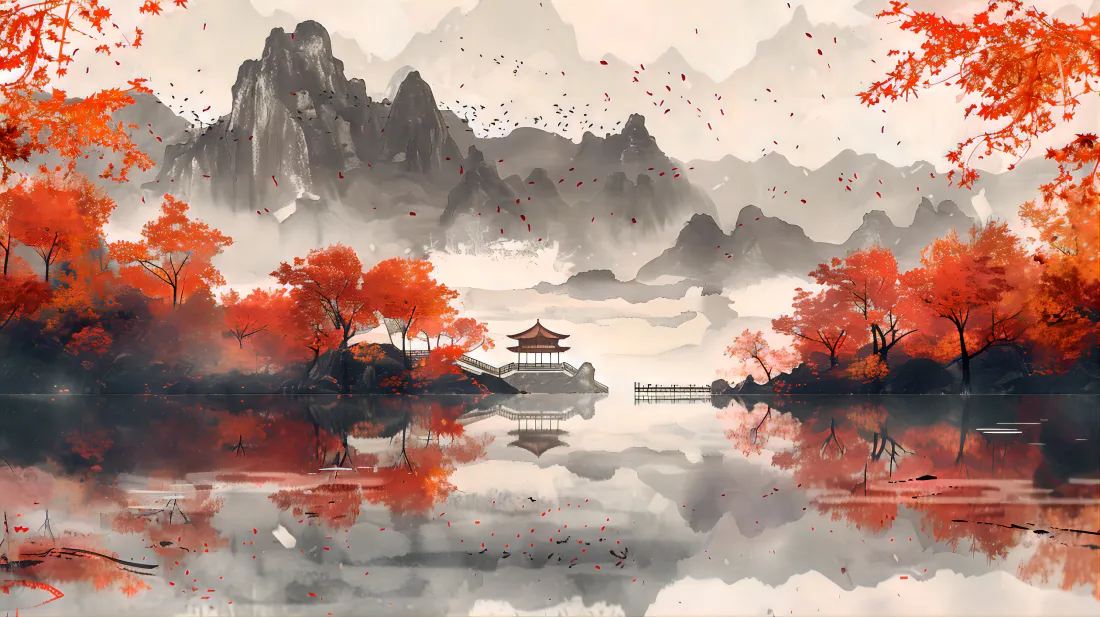8k水墨红叶壁纸｜山水倒影背景图片 - 超清「哲风壁纸」