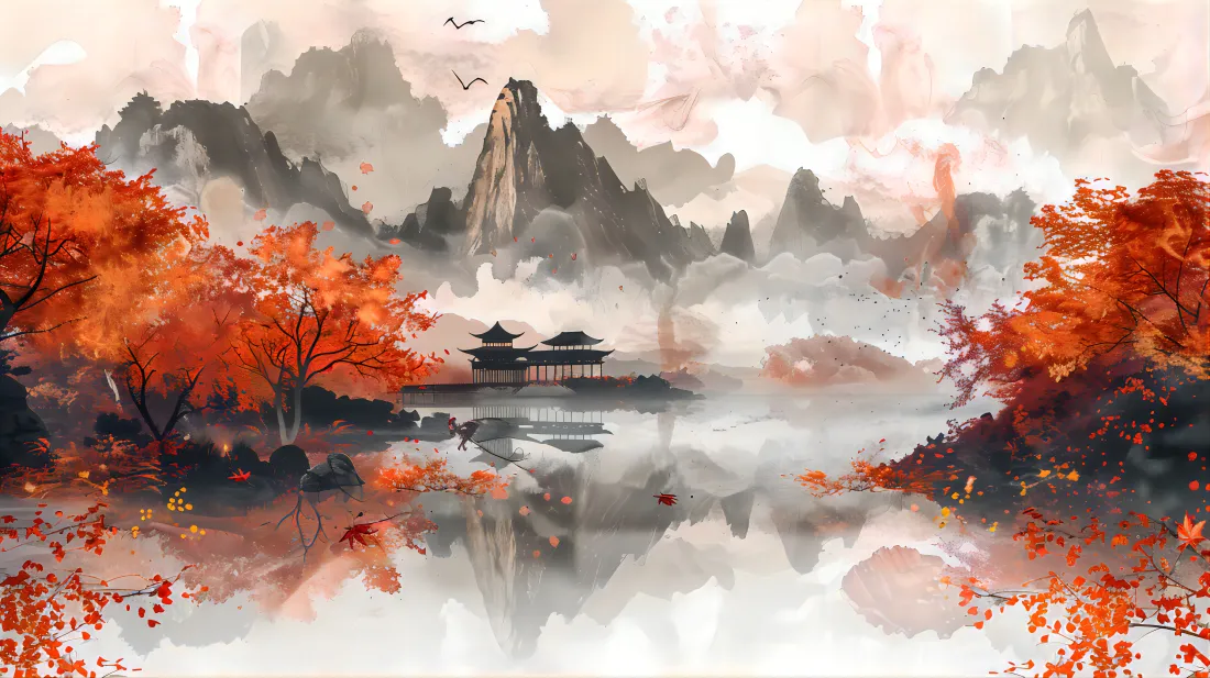 8k秋山水墨壁纸｜古风山水背景图片 - 红叶倒影「哲风壁纸」