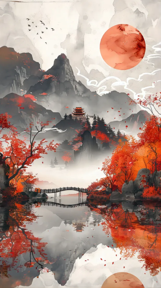 国风水墨手机壁纸｜山水红叶背景图片 - 意境风景「哲风壁纸」