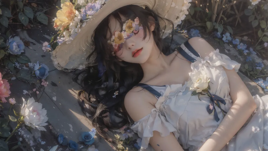 4k蒙眼少女躺花丛壁纸｜浪漫背景图片 - 花卉梦境「哲风壁纸」