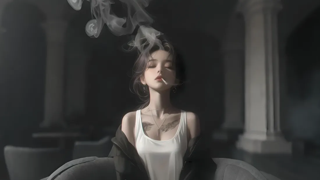 4k烟雾插画｜吸烟美女背景图片 - 健康警示「哲风壁纸」