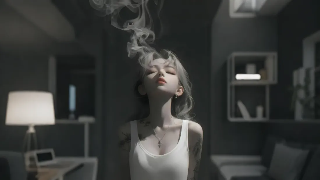 4k烟雾插画美女壁纸｜室内背景图片 - 吸烟有害「哲风壁纸」