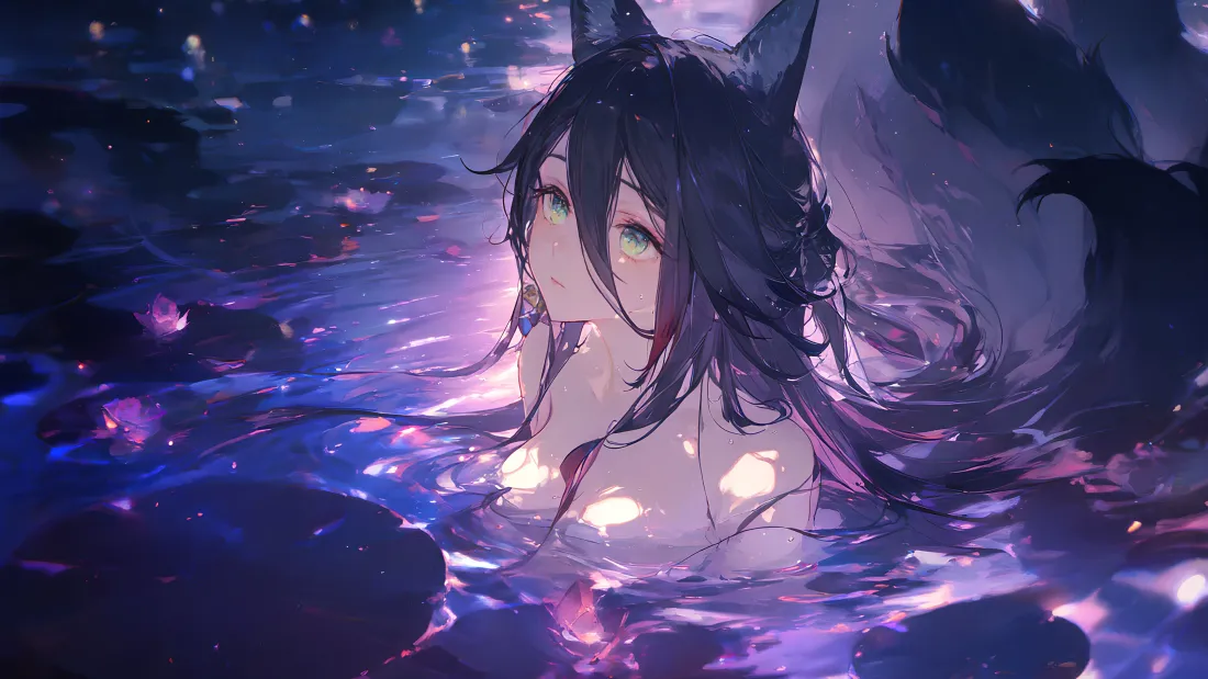 4k猫耳少女壁纸｜泳池背景图片 - 梦幻夜景「哲风壁纸」