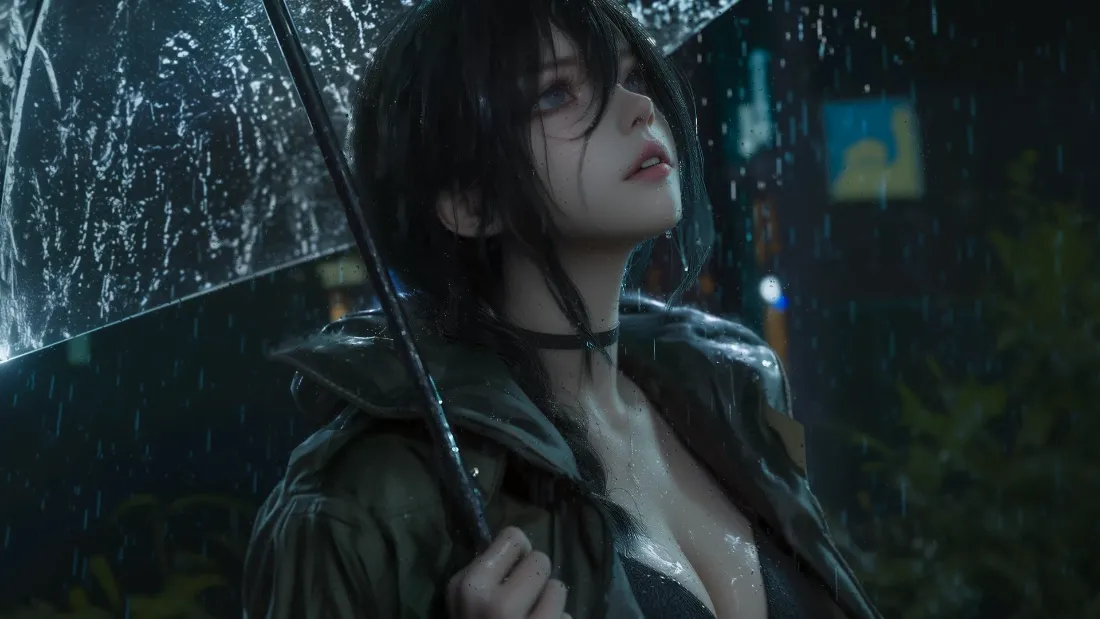 2k雨中壁纸｜仰望背景图片 - 撑伞少女「哲风壁纸」