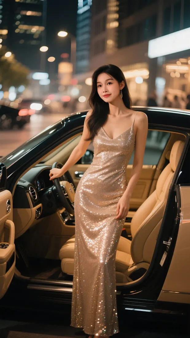 车模美女手机壁纸｜豪车夜景背景图片 - 金色礼服「哲风壁纸」