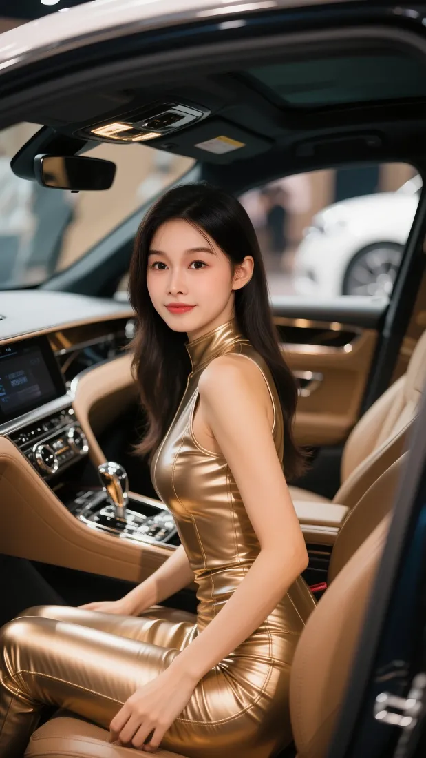 金色车模手机壁纸｜奢华内饰背景图片 - 时尚美女「哲风壁纸」