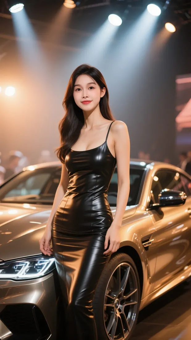 (黑色皮衣美女手机壁纸｜金色跑车背景图片 - 性感)「哲风壁纸」
