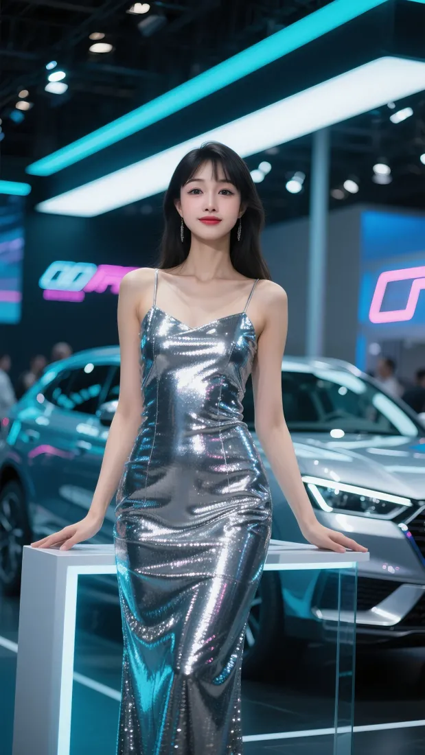 银色礼服美女｜车展背景图片 - 魅力车模「哲风壁纸」