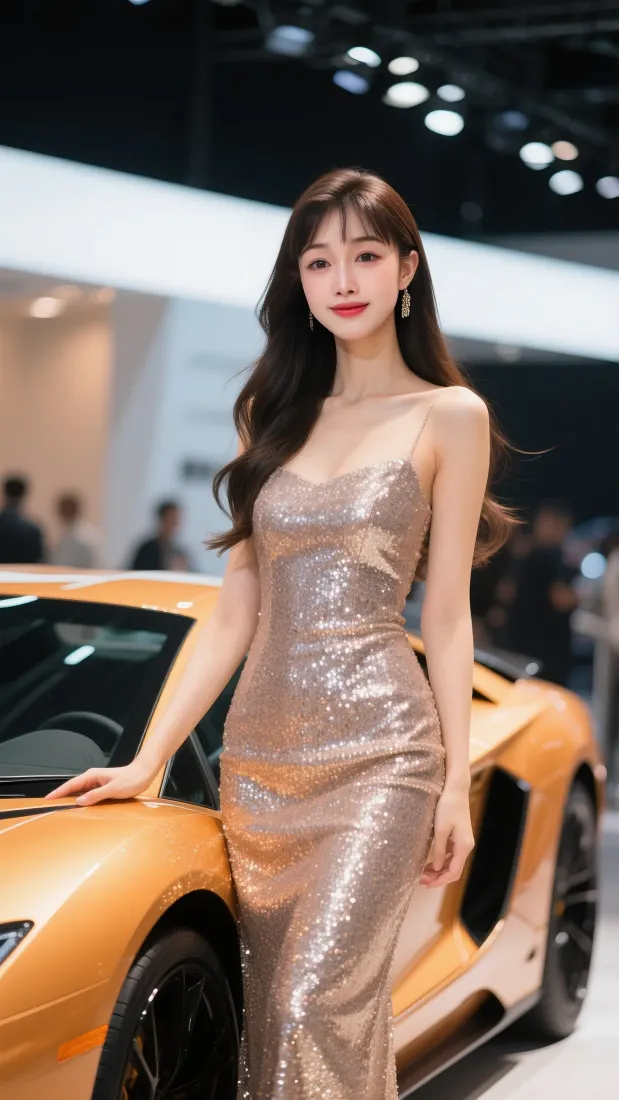 金色亮片礼服美女手机壁纸｜黄色跑车背景图片 - 魅力「哲风壁纸」