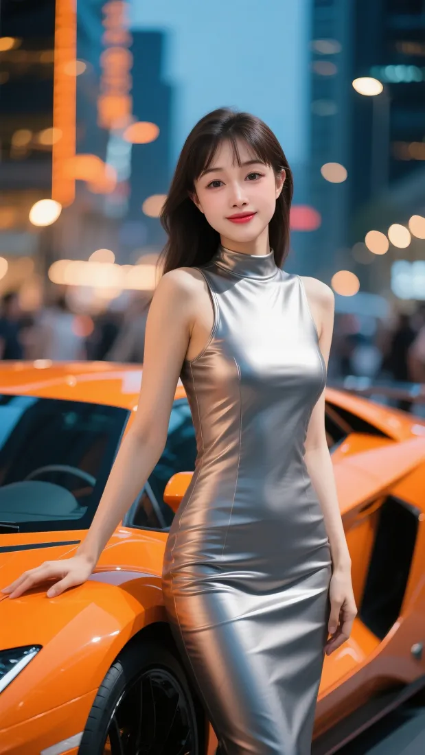 银色连衣裙美女｜橙色跑车背景图片 - 魅力「哲风壁纸」