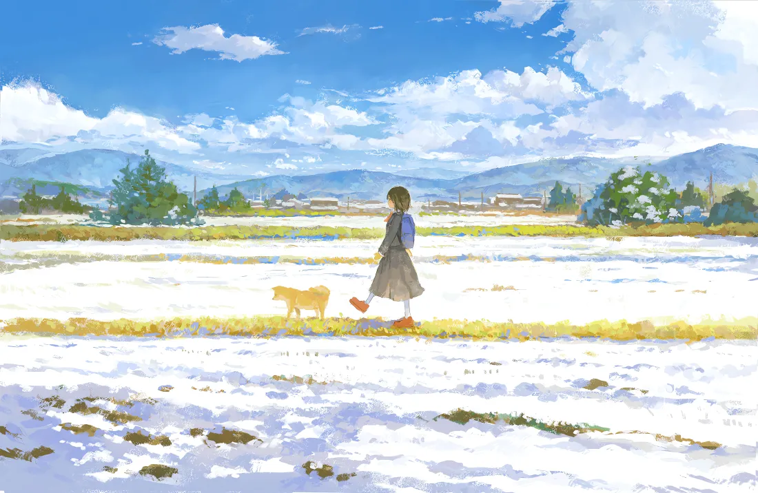 4k冬日少女与犬壁纸｜雪地漫步背景图片 - 二次元「哲风壁纸」