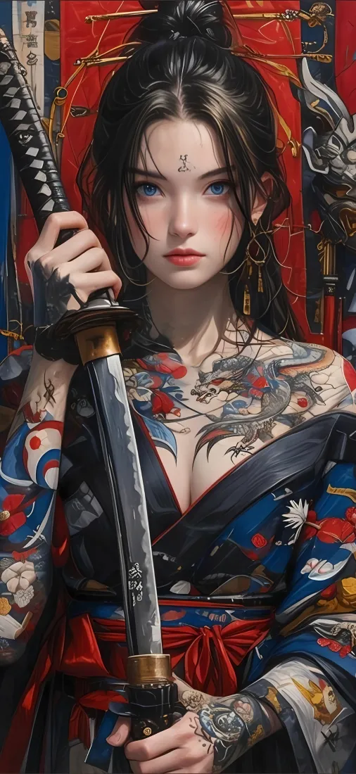 和服纹身少女手机壁纸｜武士刀背景图片 - 2K竖屏「哲风壁纸」