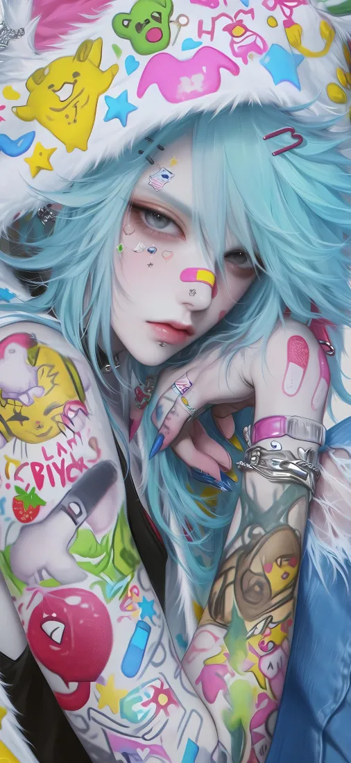 蓝发纹身少女手机壁纸｜涂鸦卡通背景手机壁纸 - 2K竖屏「哲风壁纸」