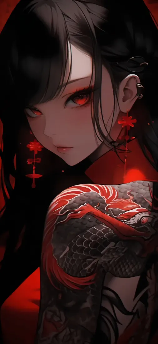 黑发少女手机壁纸｜龙纹身背景图片 - 2K竖屏「哲风壁纸」