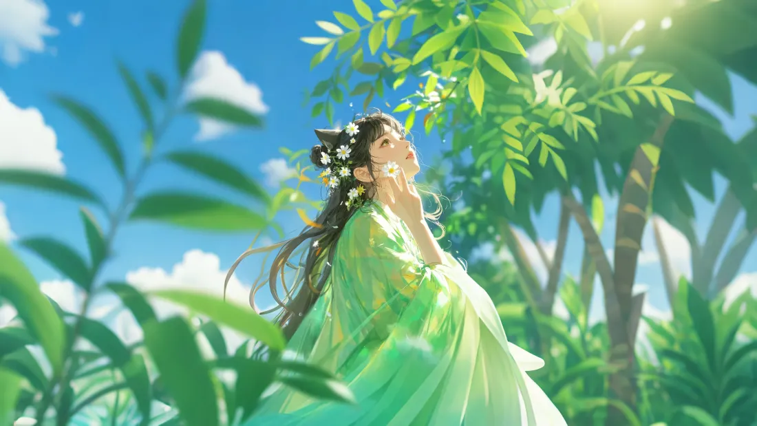 4k阳光绿叶壁纸｜古风绿裙背景图片 - 少女「哲风壁纸」