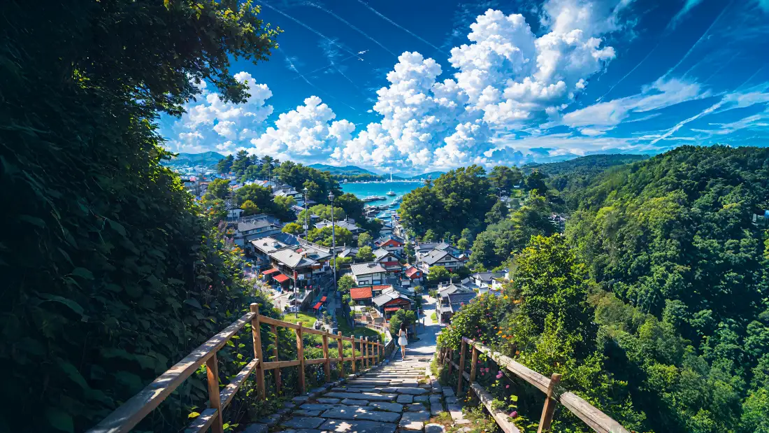 4k滨海小镇壁纸｜晴空背景图片 - 山间木阶视角「哲风壁纸」