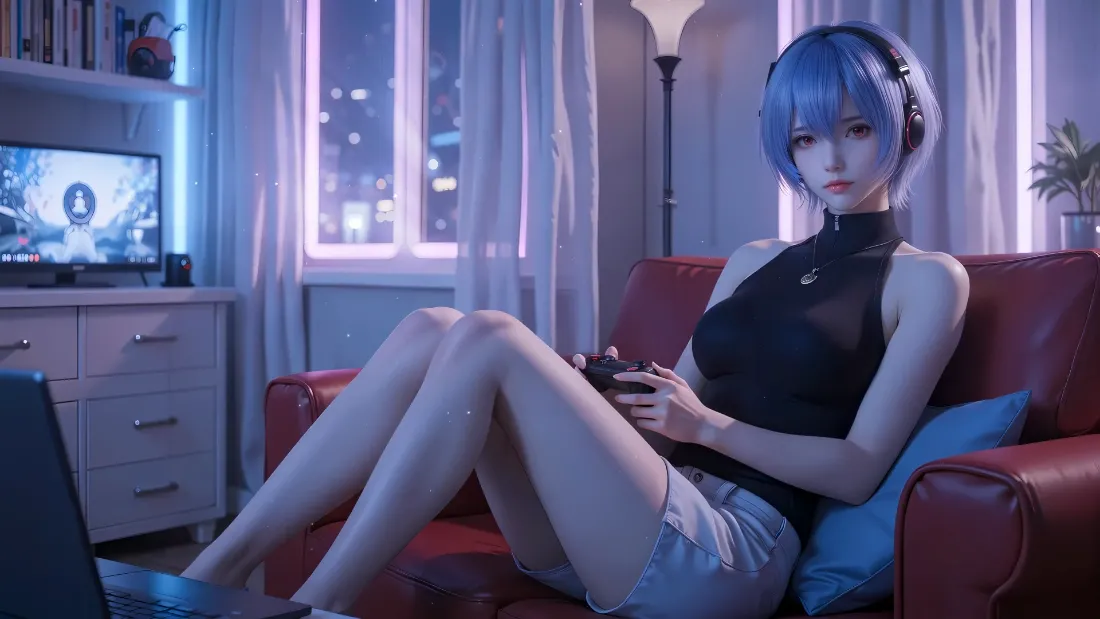 2k蓝发少女壁纸｜电竞房间背景图片 - 游戏场景「哲风壁纸」