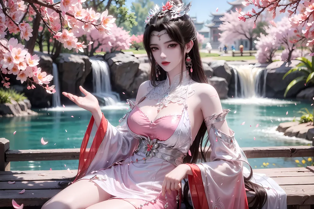 4k仙逆壁纸｜国漫古风美女樱花瀑布背景图片 - 场景「哲风壁纸」
