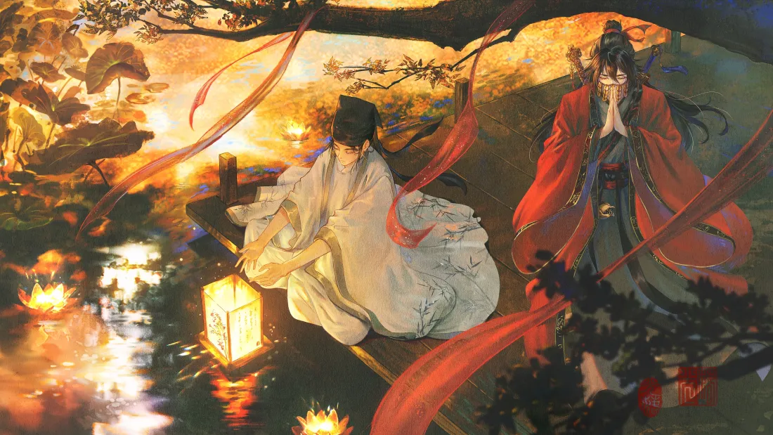 4k白衣红衣古风壁纸｜山水灯笼背景图片 - 夜影「哲风壁纸」