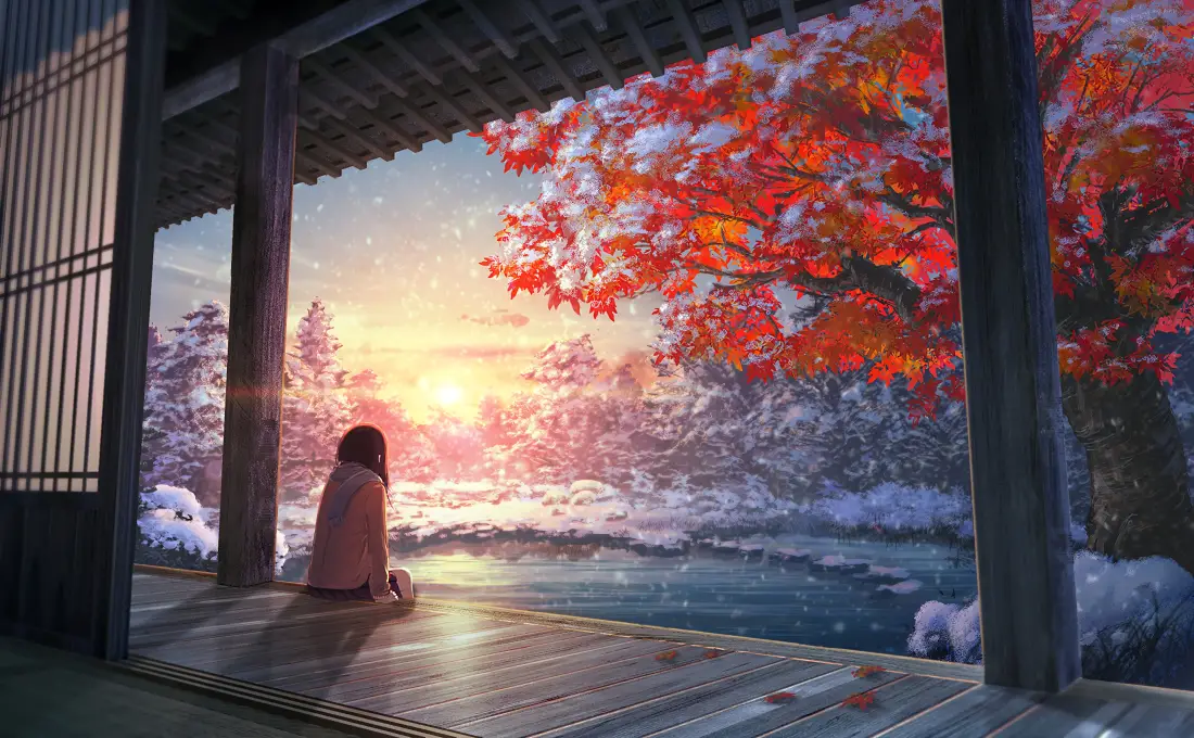 3k红叶雪景壁纸｜少女背影黄昏动漫场景「哲风壁纸」