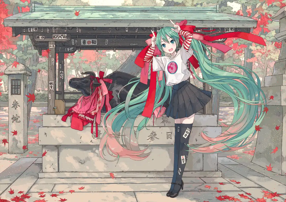 2k初音未来壁纸｜寺庙背景图片 - 绿发少女「哲风壁纸」