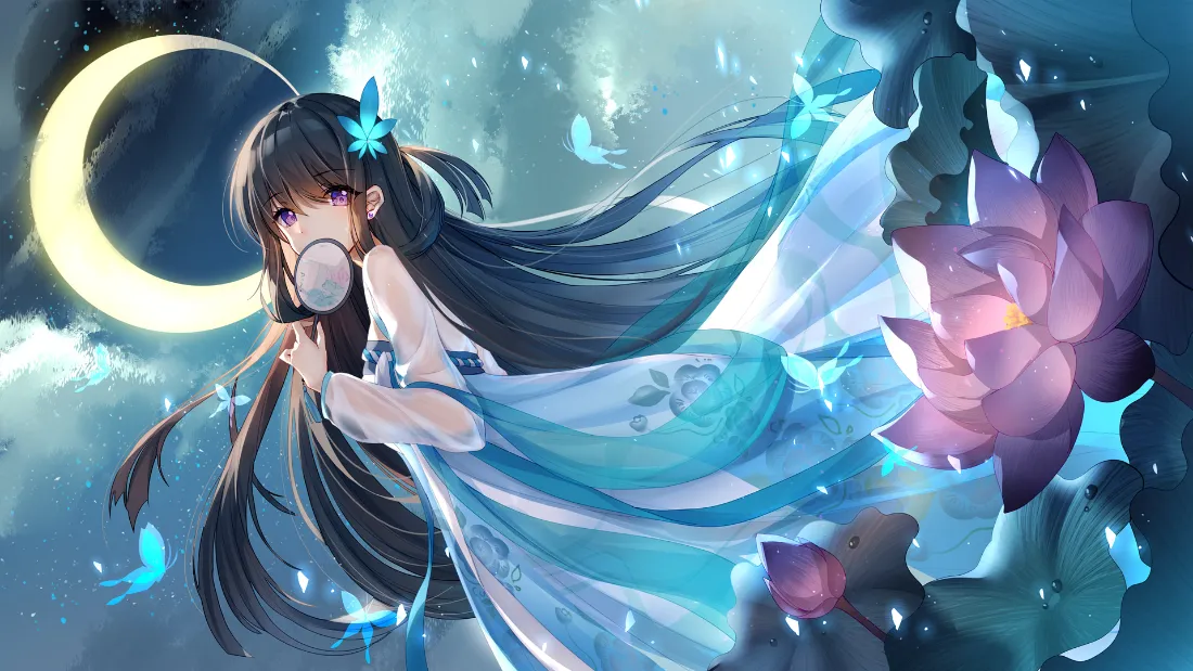 2k蝴蝶少女壁纸｜莲花月夜背景图片 - 唯美「哲风壁纸」